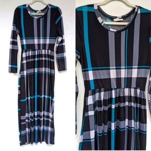 REBORN J black white blue plaid long sleeve maxi dress